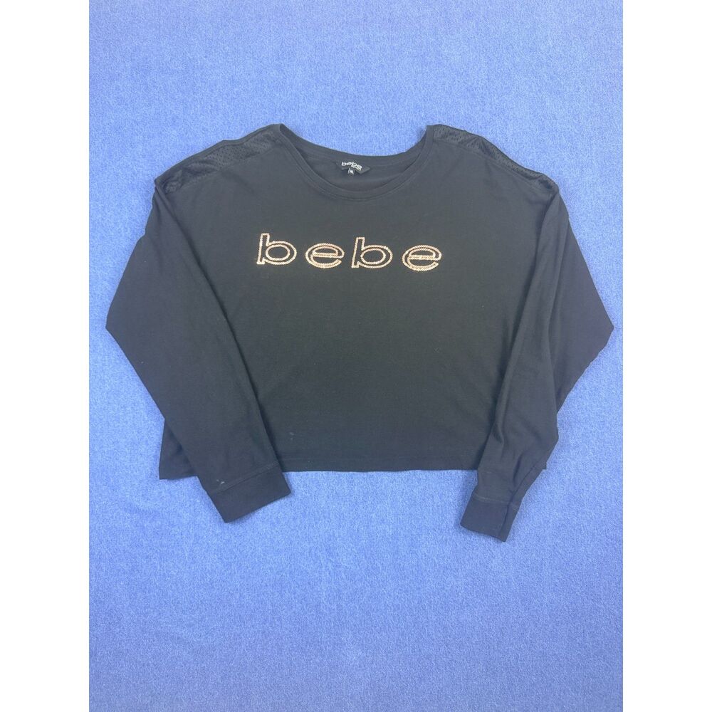 Bebe Sport Womens XL Black Rhinestone Logo Crop Long Sleeve Top Y2K